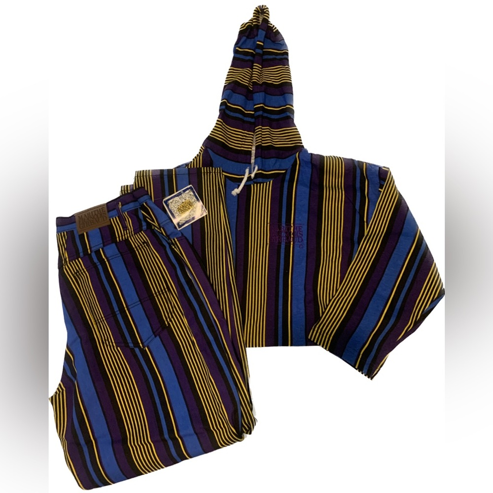 Vintage MARITHE FRANCOIS GIRBAUD 1992 striped jeans and hooded shirt set